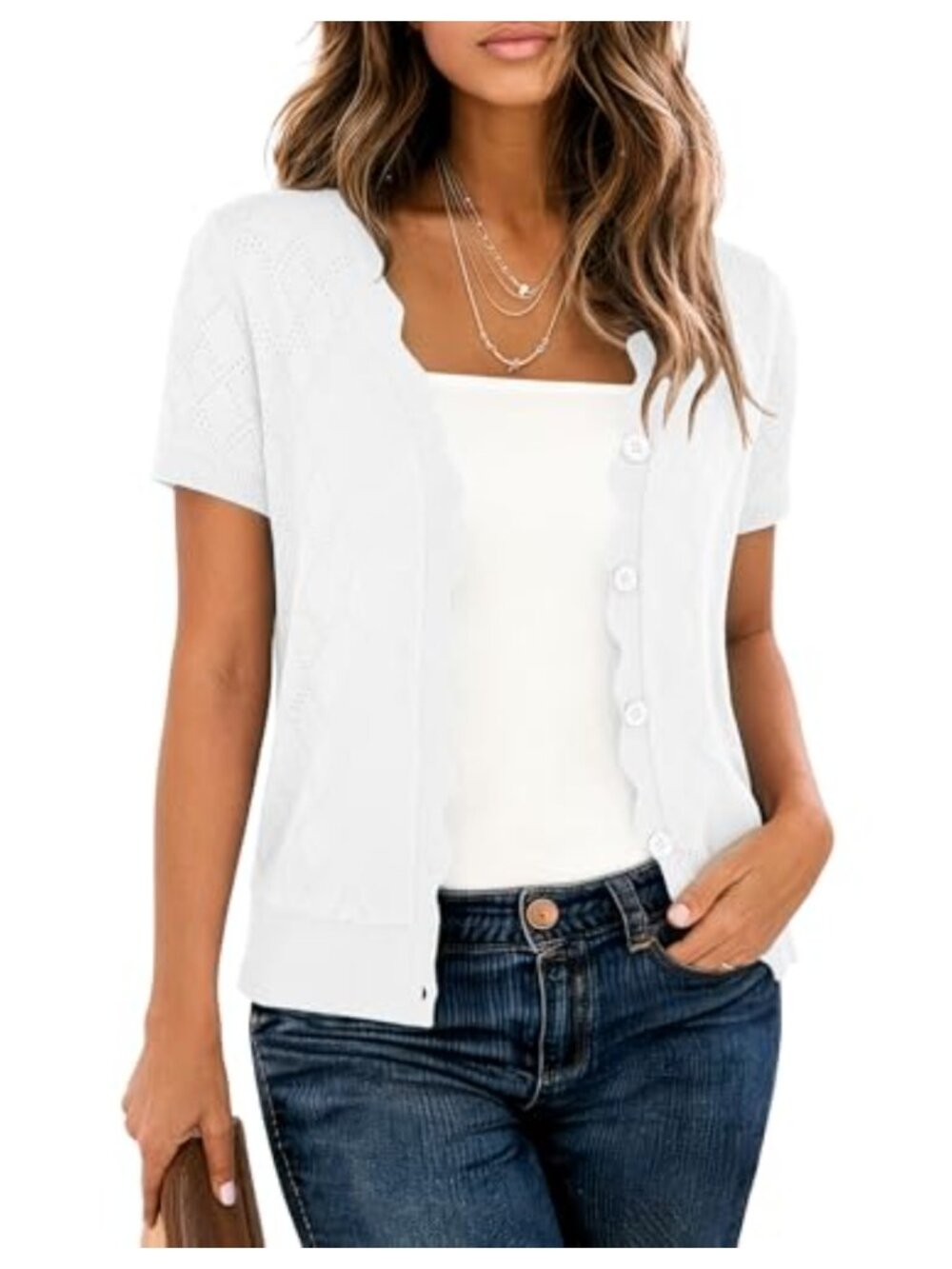 Women's V-Neck Pointelle Cardigan Short Sleeve 100% Viscose Button Knit